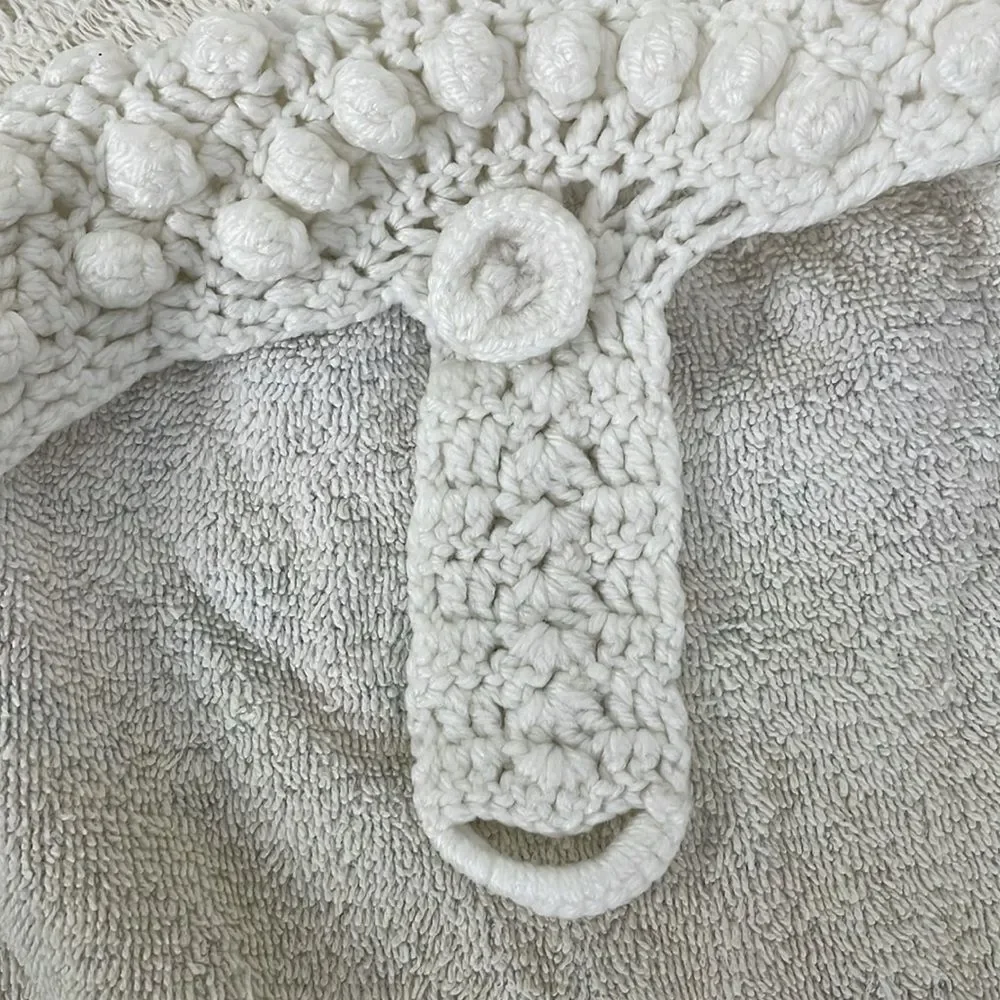 Vintage Tea Towel Crocheted Hanger Button Strawberry Basket White